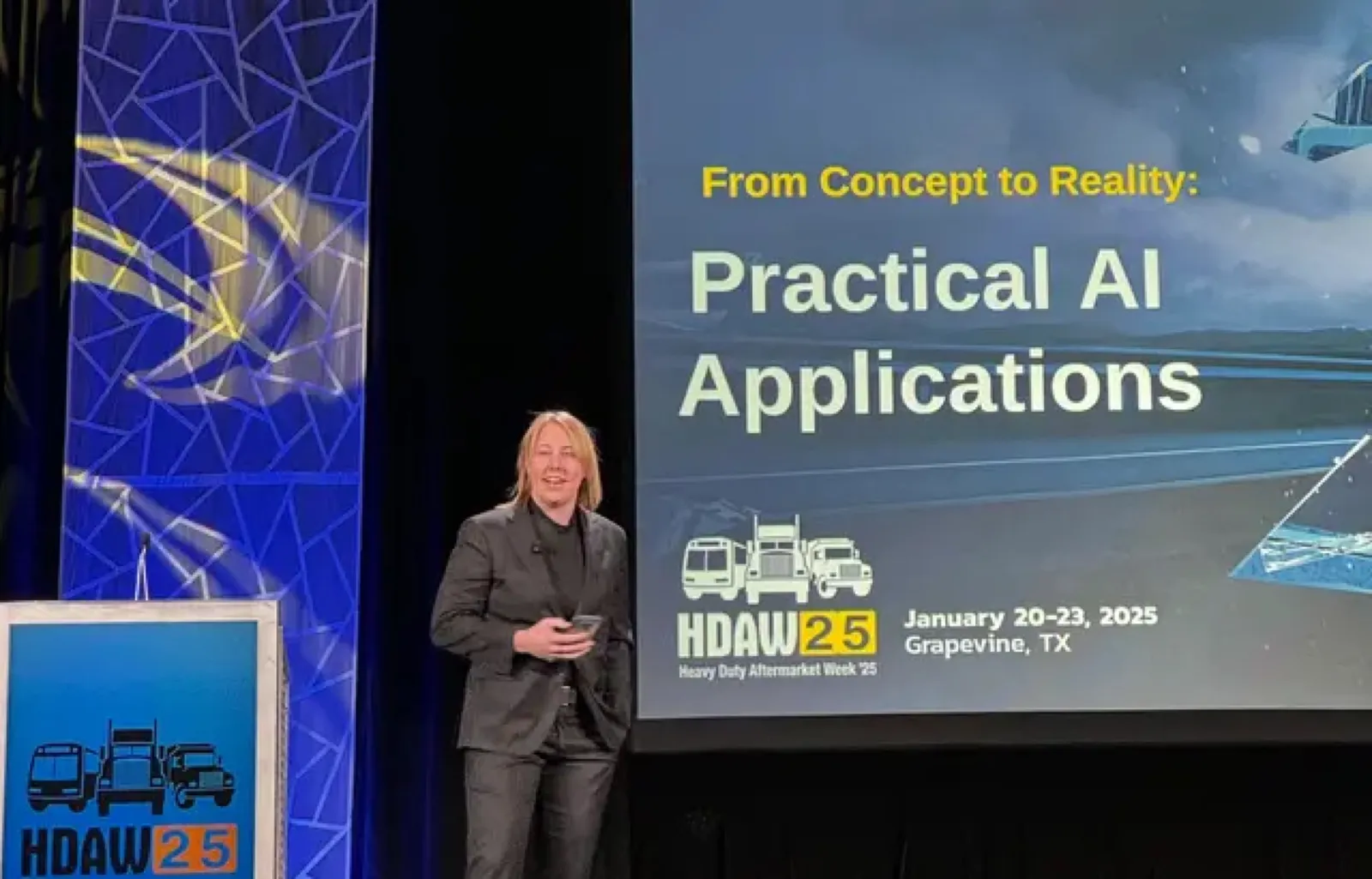 Lauren McCullough presenting Practical AI Applications at Heavy Duty Aftermarket Week 2025