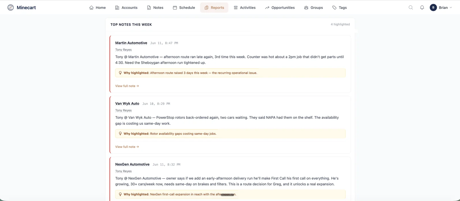 Top notes this week: the field notes that need the owner's attention, each flagged with the reason it was highlighted