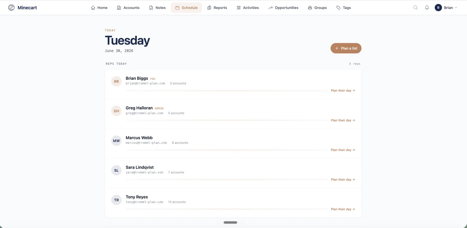 The manager schedule view: every rep's day listed with a Plan-their-day button for each