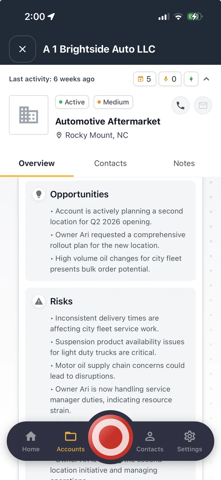 A pre-call account briefing: opportunities and risks pulled from every past visit, before the rep walks in