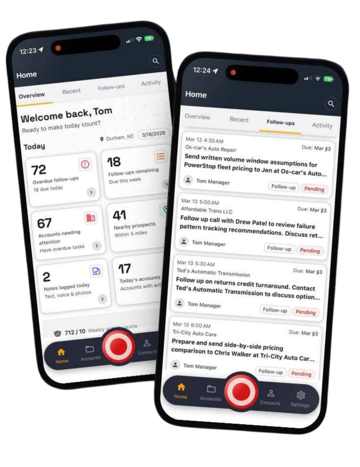 The Minecart mobile app showing a rep's daily overview and pending follow-ups