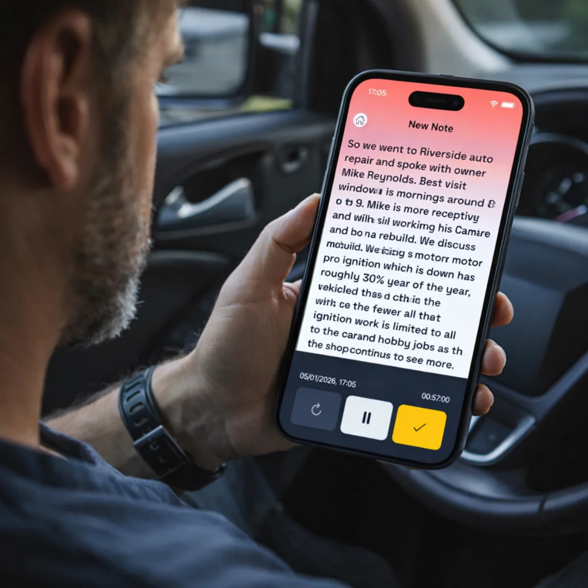 A sales rep capturing a voice note in the Minecart app from the cab of their truck