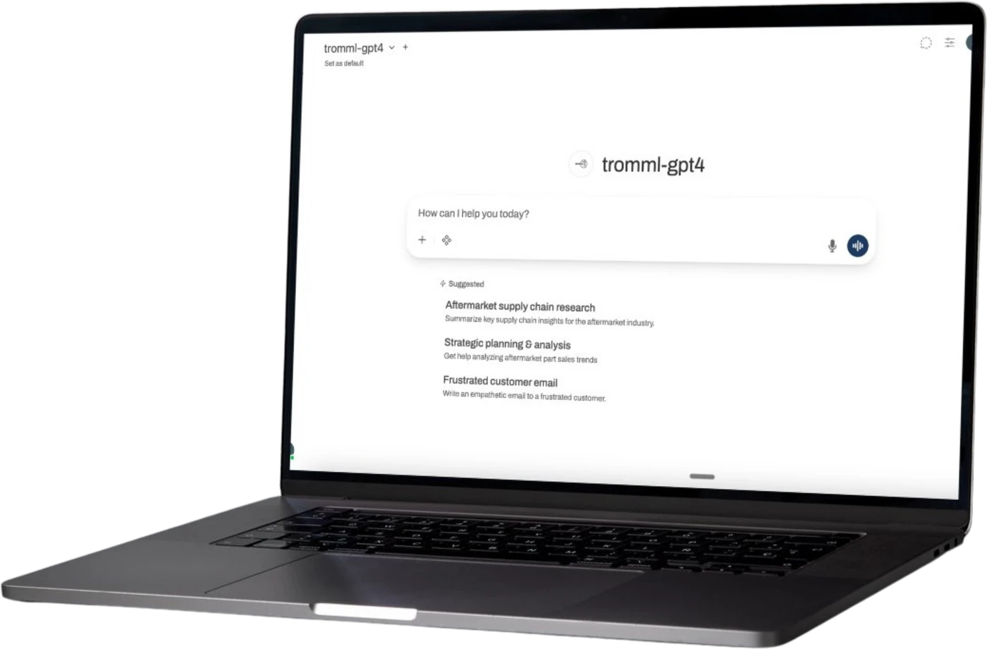 The SecureAI Chat private AI workspace open on a laptop, tuned for the aftermarket