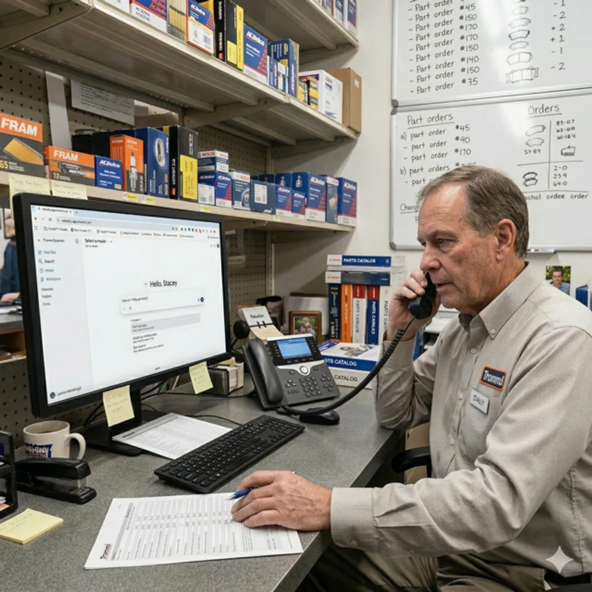 A parts counter rep using SecureAI Chat while on a call with a customer
